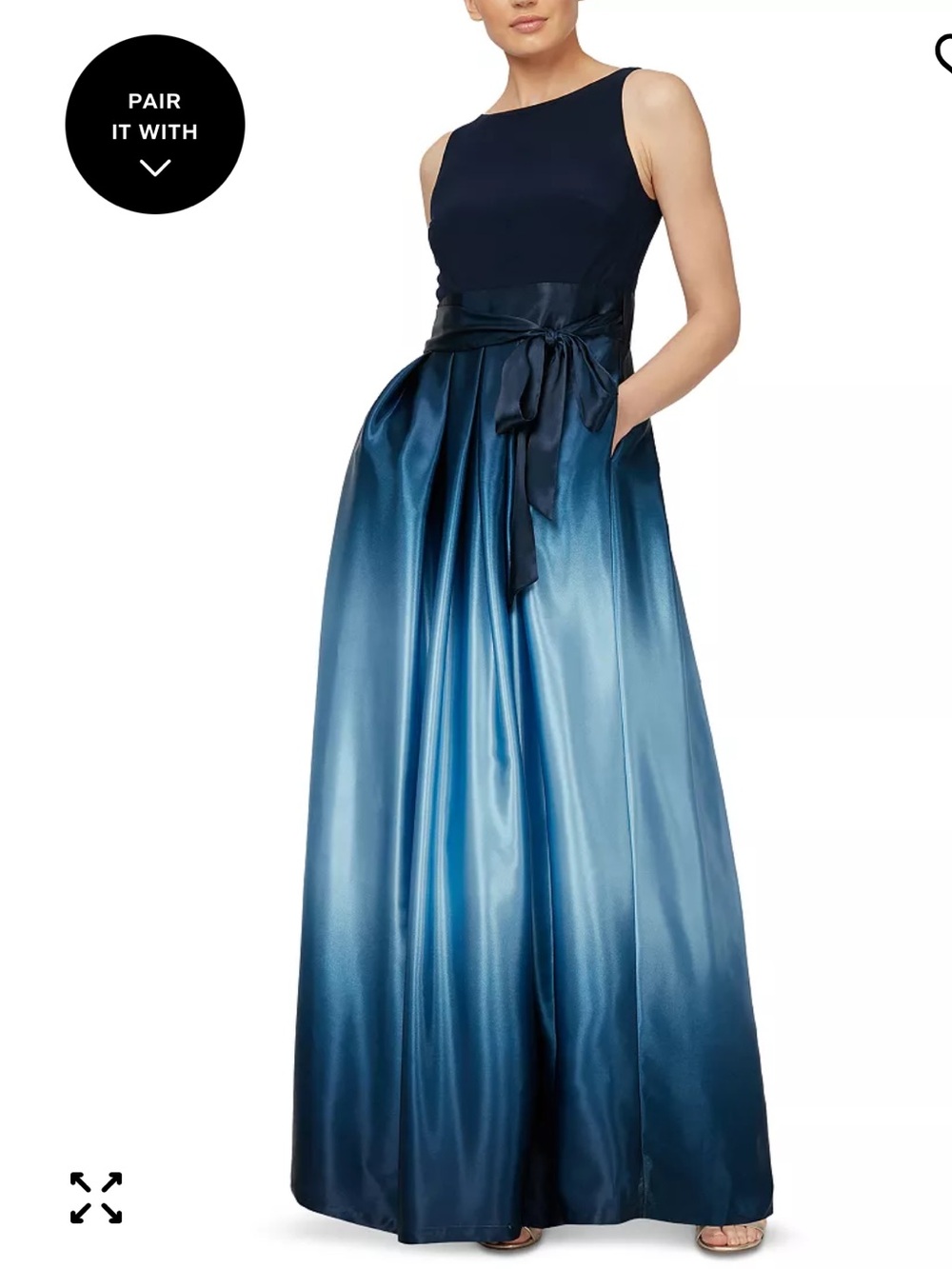 SL Fashions Navy to Wedgewood Blue Ombre Satin Maxi Skirt with Waist Tie